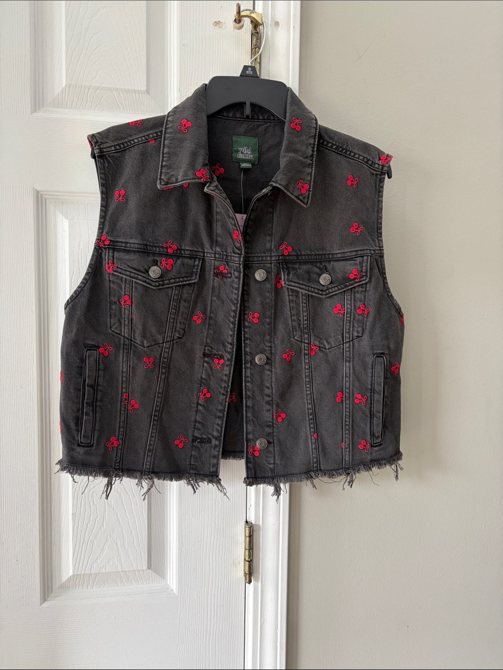 wild fable Black Denim Vest with Red Cherry Embroidery